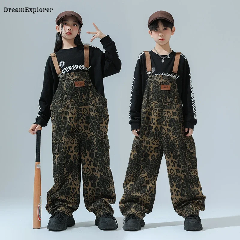 Girls Hip Hop Leopard Print Overalls Boys Baggy Pants Dungaree Trousers Kids Jumpsuit Street Dance Wear Romper Child Streetwear