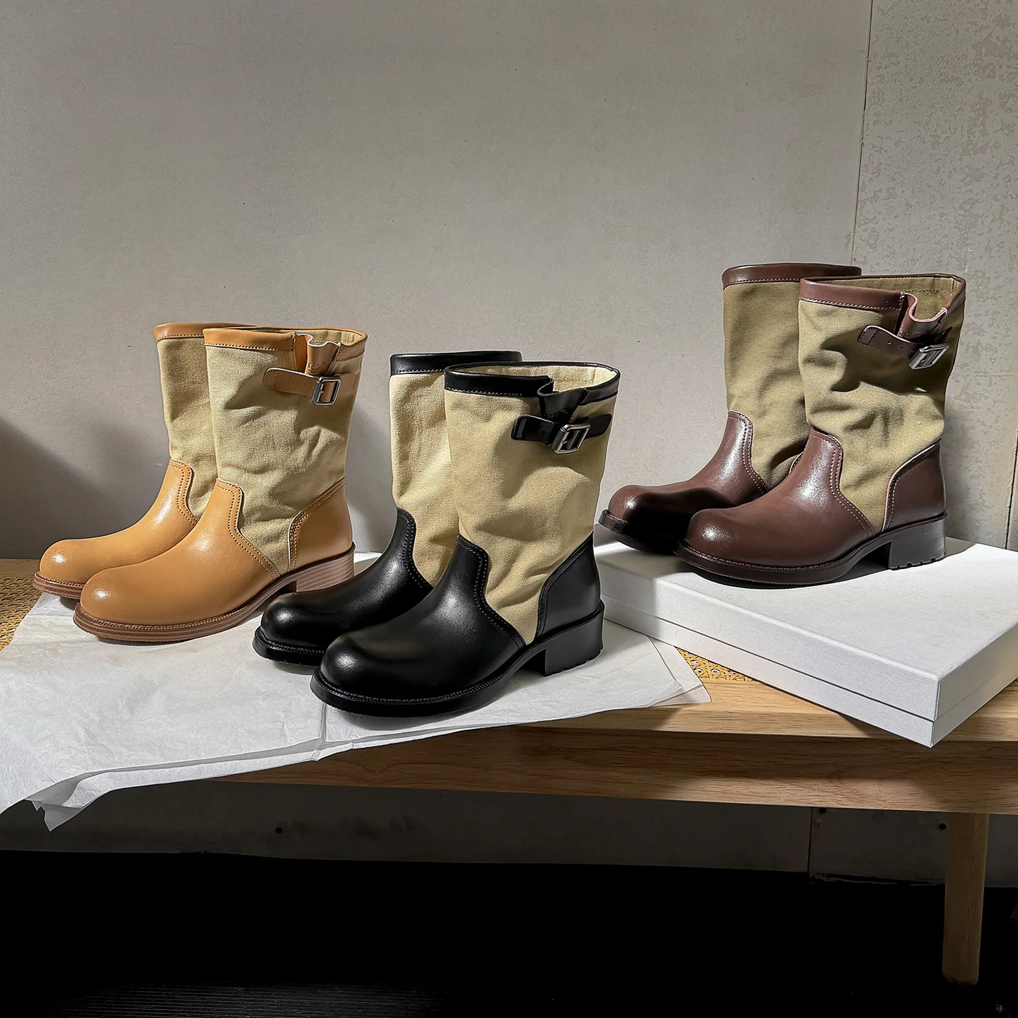 Leather Fabric Patchwork Chunky Heel Fashion Boots Women Autumn New Retro British Style Stacked Short Boots Mid Calf Rider Boots