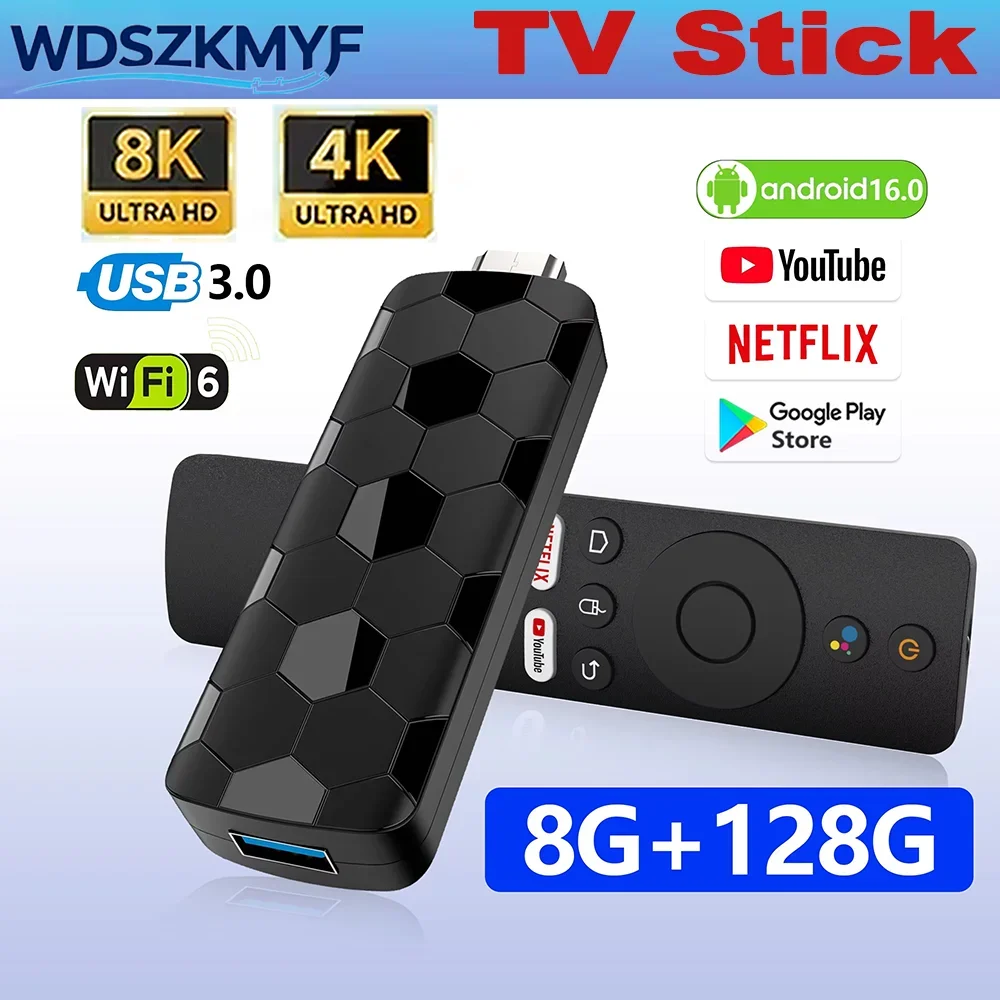 Android 16 R3+ 4/8K UHD TV Stick UI Interface Wifi6 Bluetooth 8GB+128GB Quad Core Home Theater Player For Netflix YouTube