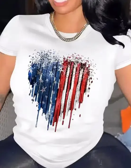 2026 Women 3-Pack Patriotic Holiday T-Shirt Multipack, 4th of July American Flag Heart Graphic Print, Crew Neck Short Sleeve Casual Female Tops, Perfect For Independence Day Party & Daily Outfit