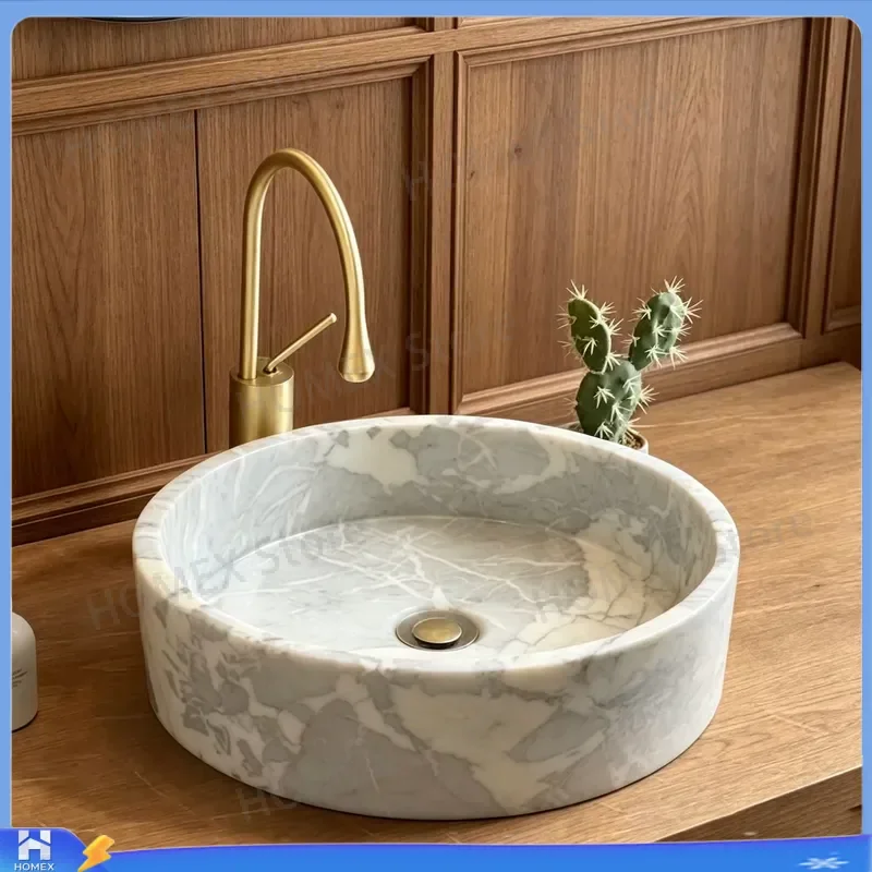 Custom Nordic Round Marble Sink Polished Natural Stone Basin Minimalist Bathroom Washbasin for Hotel Project Home Decor