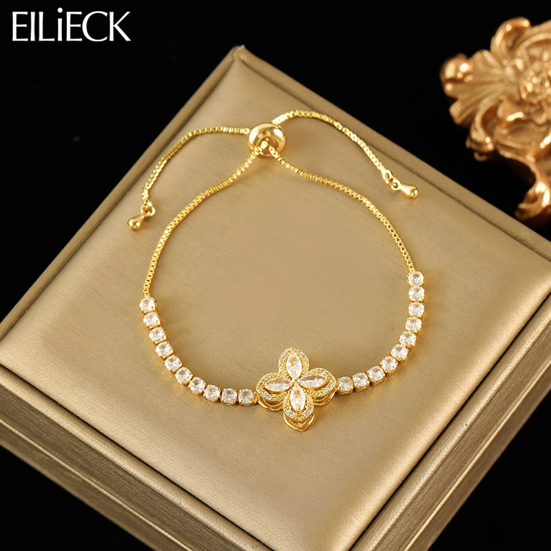 EILIECK 316L Stainless Steel Revolving Flower Zircon Bracelet For Women Trendy Wrist Chain Waterproof Jewelry Gift Party Bijoux