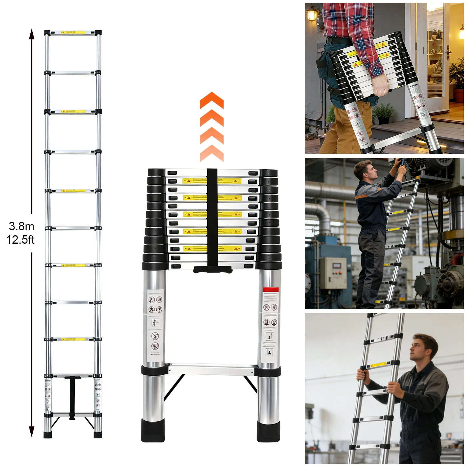 Telescopische ladder 2,6M-6,3M uitschuifladder roestvrij staal draagbaar EN131-norm met afneembare haken 150kg draagvermogen