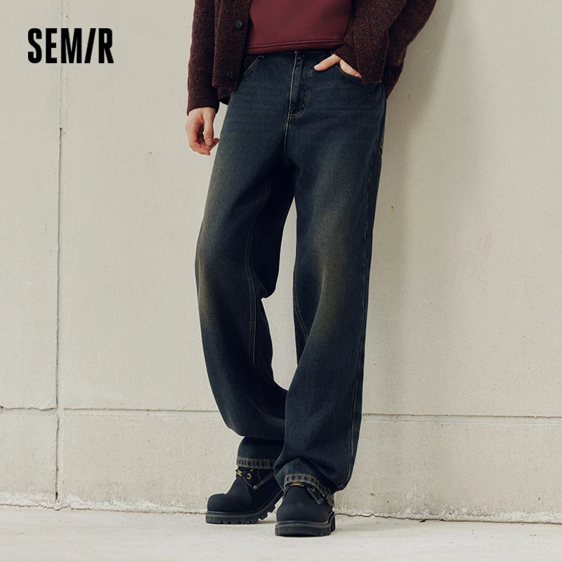 Semir Jeans Men Vintage Washed Whiskered Loose Fit Straight Leg Classic Casual Pants 2025 Autumn Winter