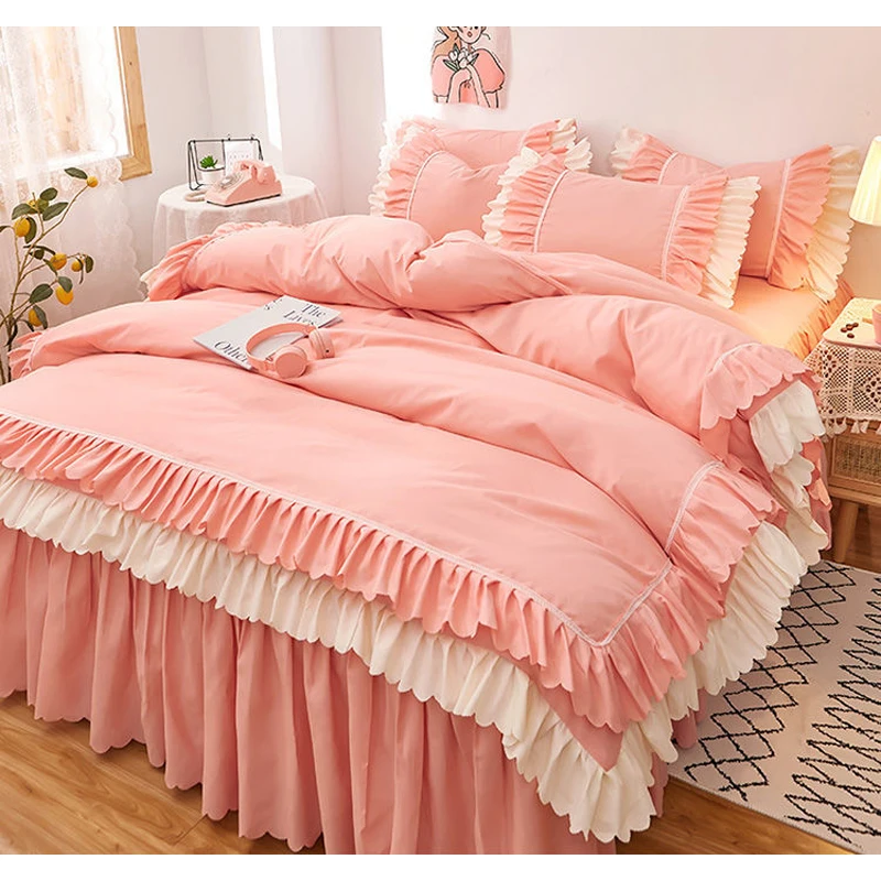 WOSTAR Pink princess style duvet cover bed sheet pillowcase 2 people luxury double bed bedding four-piece set /queen/king size