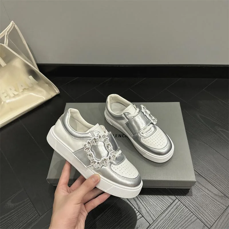 Girls Fashion Casual Flats Round Head Lace-up Sneakers Square Crystal Cover Heel Women Shoes Thick Bottom Zapatos Mujer fashion