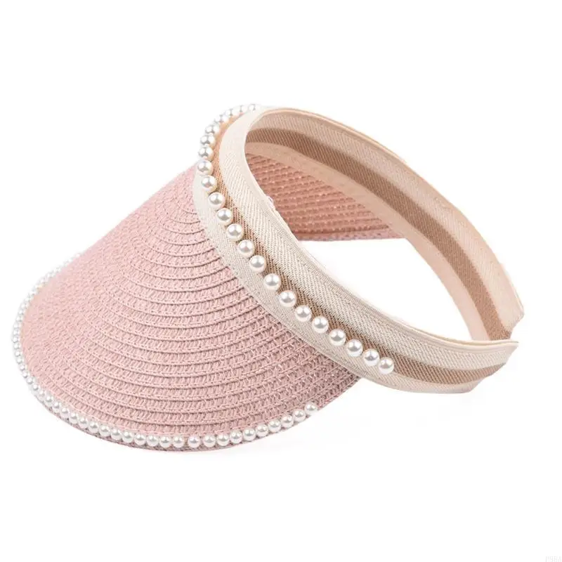 

P88A Solid Color for Sun Visor Hat Wide Brim Pearl Empty Top Hat for Summer Daily Wea