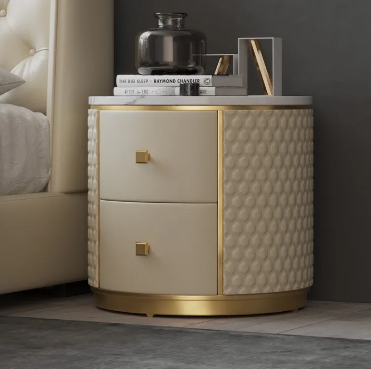 

Bedroom Furniture Bedside Table Luxury Round Marble Leather Table Storage Bedside Cabinet For Home Hotel