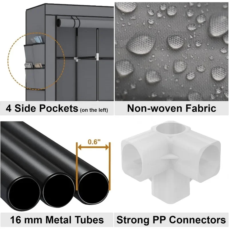 41-дюймовый портативный шкаф для одежды, шкаф для одежды с крышкой, 3 подвесных стержня, 4 боковых кармана, 6 отделений