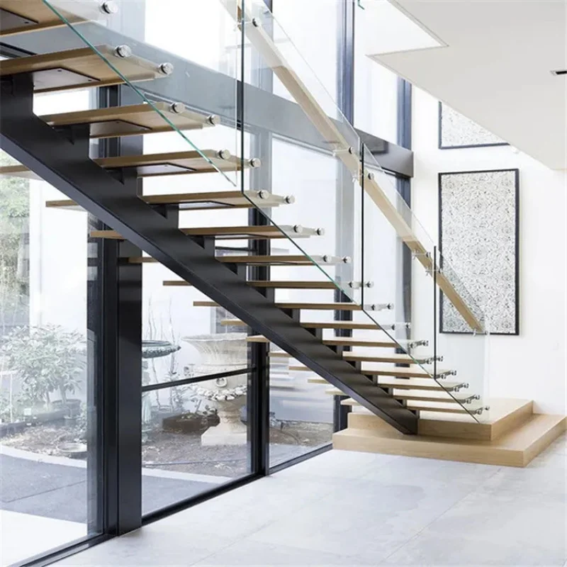 custom.Prima Eco-Friendly Single-String Indoor Straight Stairs Solid Wood Tempered Glass Iron  Customized Design All