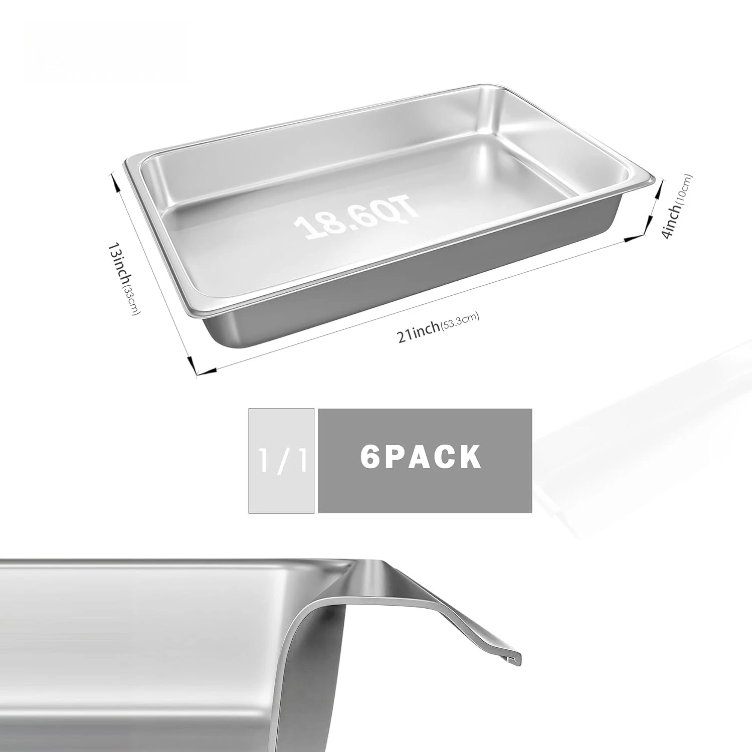 

Hotel Pans Full Size 6-Pack 4 Inch Stainless Steel Trays for Food Commercial Hotel Pan Food Containers Chafing Pans