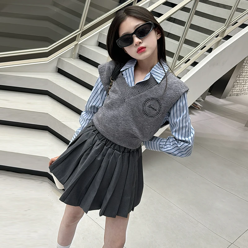 

teenage girls JK clothes set Sweater vest+Striped shirt+Pleated skirt 3pcs junior kid suit children outfits ensemble fille 14 12