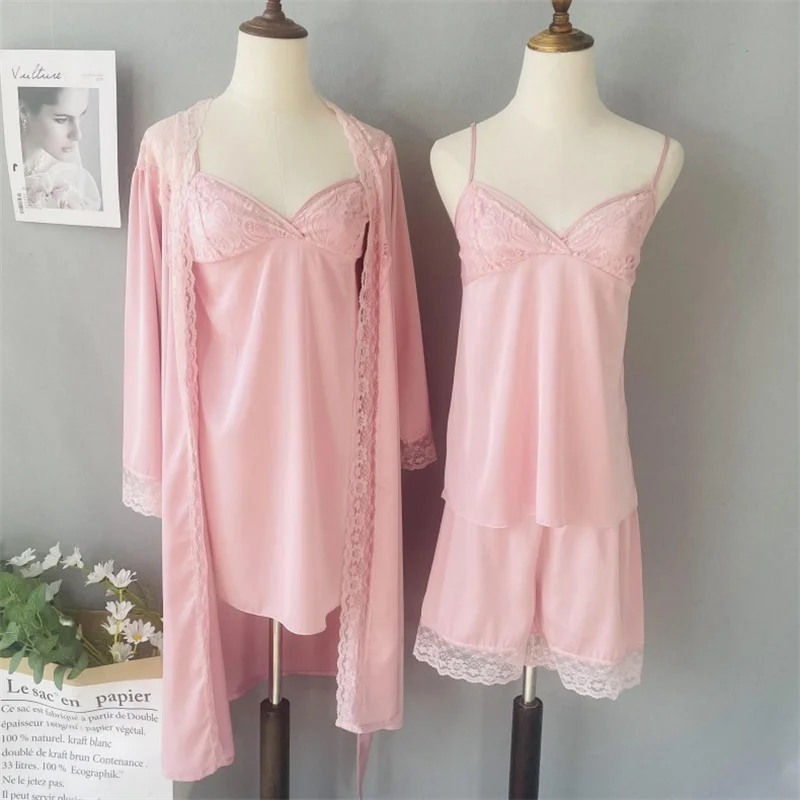 

New Female Pajamas Set Sexy Lace Kimono Bathrobe Gown Summer Thin Satin Robe Nightgown Strap Top&Shorts Homewear Four-Piece Set