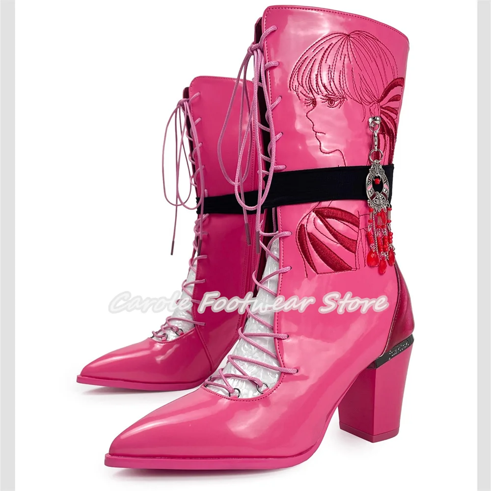 

Beauty Girl Embroidery Hollow-out Lace-up Women Boots Sexy Pointed Toe Chunky Heel Summer Cool Boots Ladies Mid-calf Boots