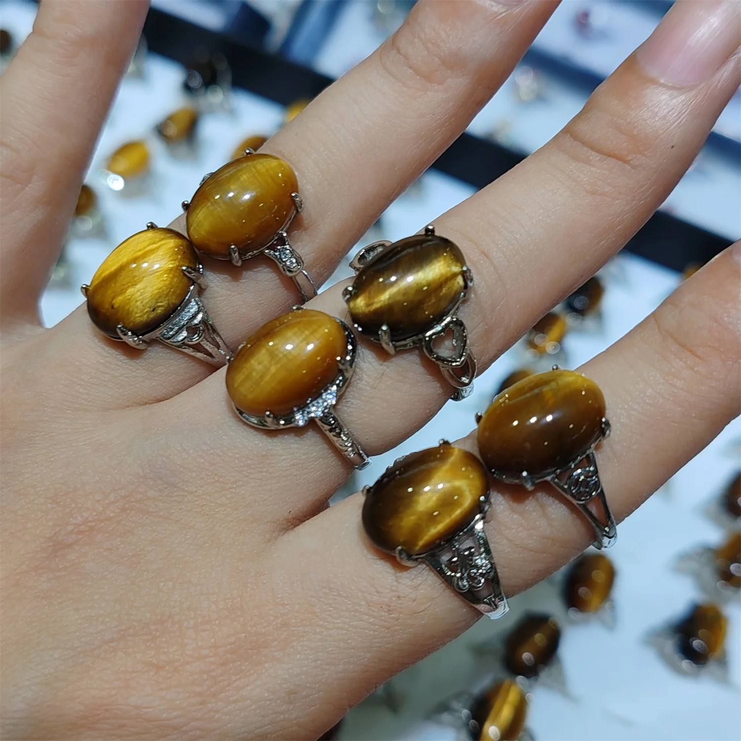 

45pcs/lot White Copper Alloy 925 Silver Inlaid Natural Tiger's Eye Ring Exquisite unique gifts for women Shanks size Adjustable