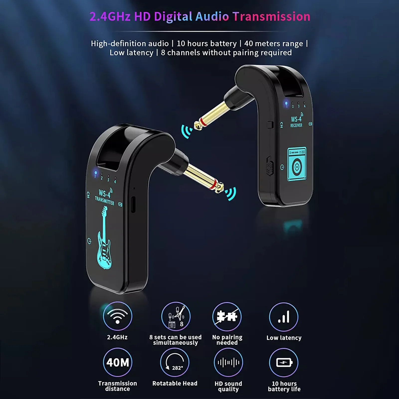 

Беспроводной гитарный передатчик 2,4G, приемник, гитарная система, 48K/16 бит, передача в реальном времени, вращающаяся вилка на 282 градуса для гитар