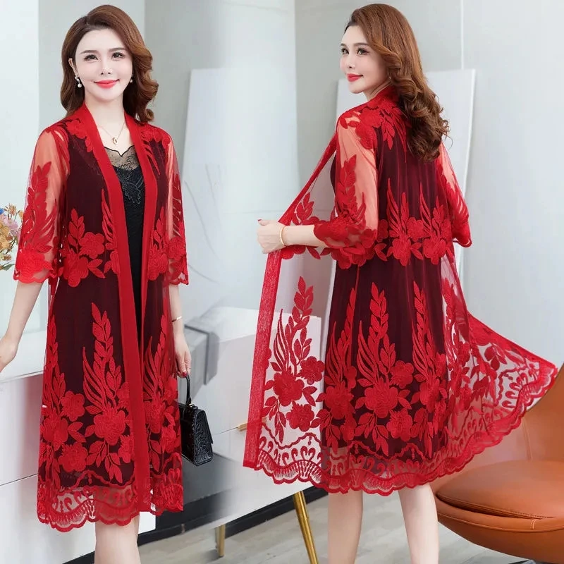 Summer New Ethnic Style Embroidered Cardigan Jacket Women Large Size Thin Long Sun Protection Clothes Female Lace Shawl Coat 5XL