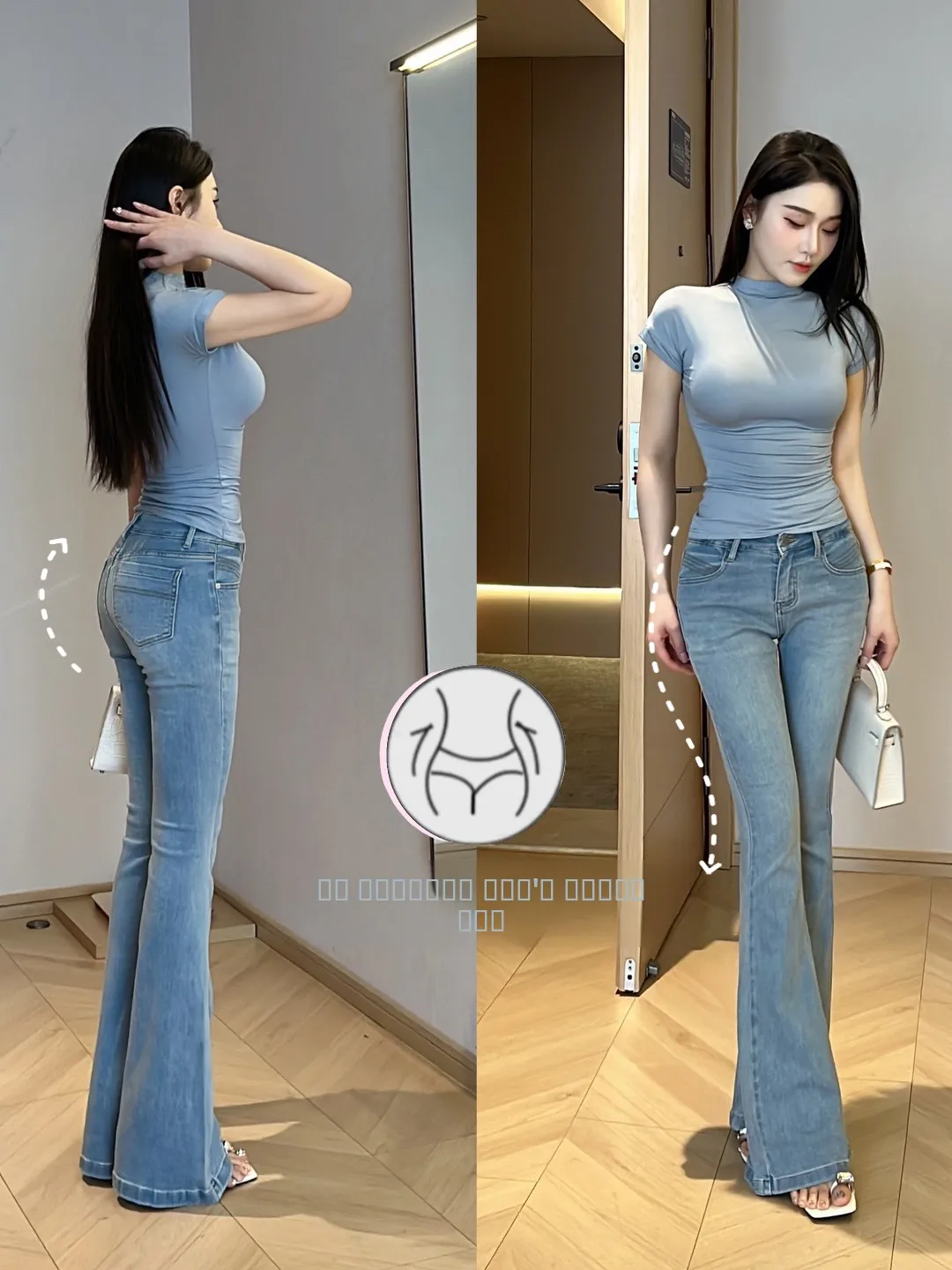 

Женские джинсы Slim Fit с высокой талией и широкими штанинами, ретро-стиль, эластичные, подчеркивающие ягодицы, светло-голубые, из хлопкового стрейч-денима, повседневные, на молнии