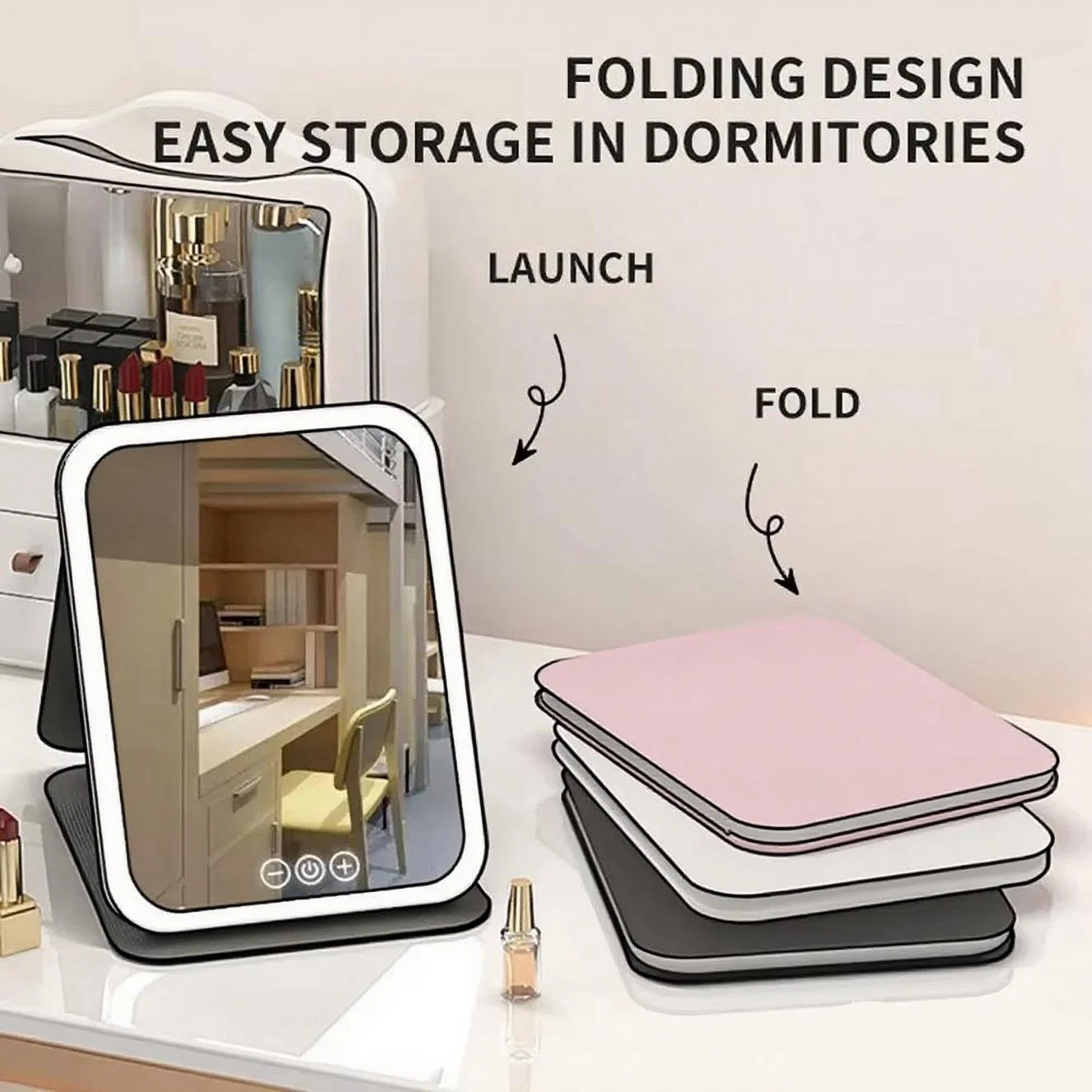 مرآة زينة LED قابلة لإعادة الشحن عبر USB، شاشة لمس محمولة، 3 مستويات سطوع، مرآة مكياج قابلة للطي لمحبي الجمال #2