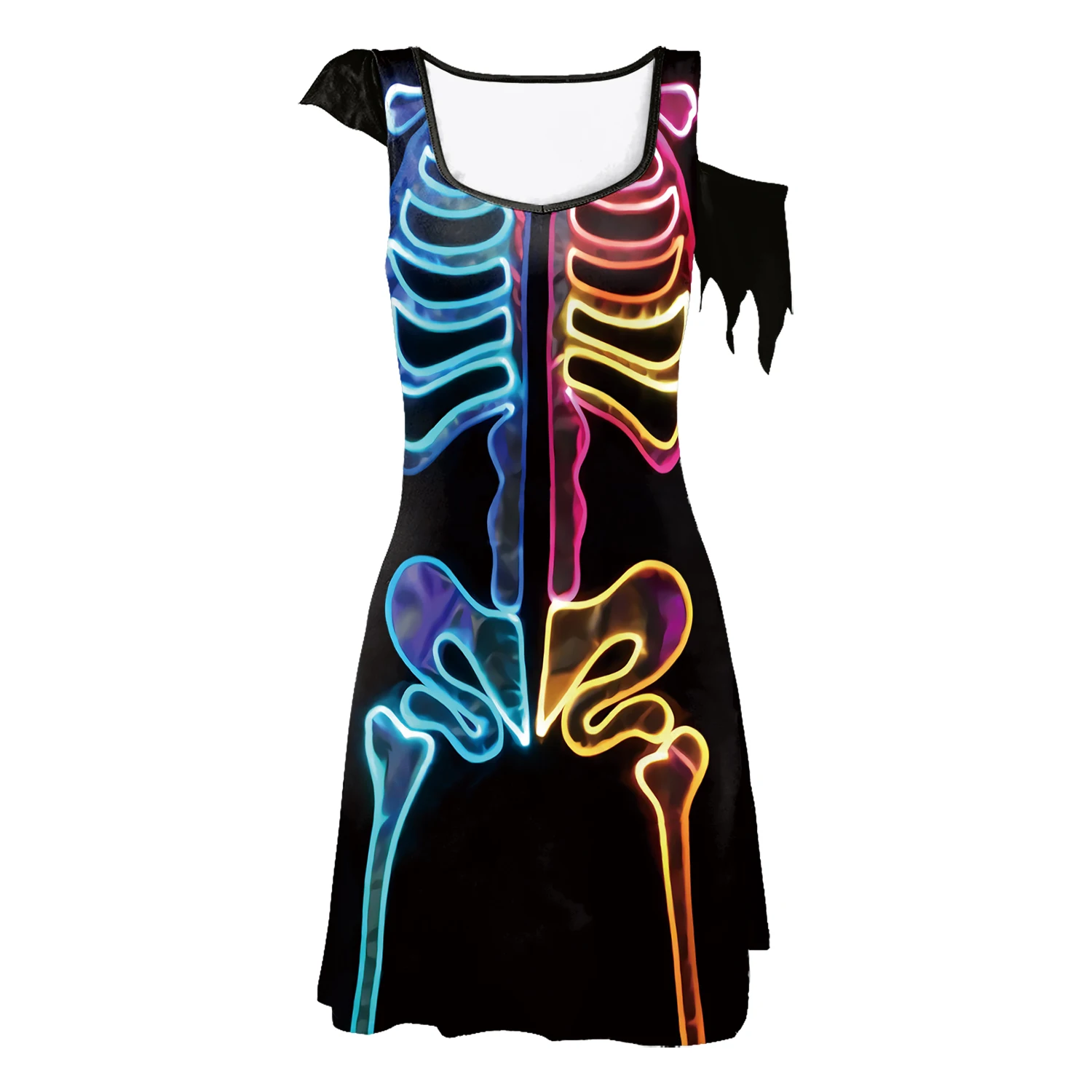 Halloween Women Skeleton Skull Dress Cold Shoulder Ripped Sleeve 3D Bone Print Dress Multi-Style Fancy Cosplay Party Outfits
