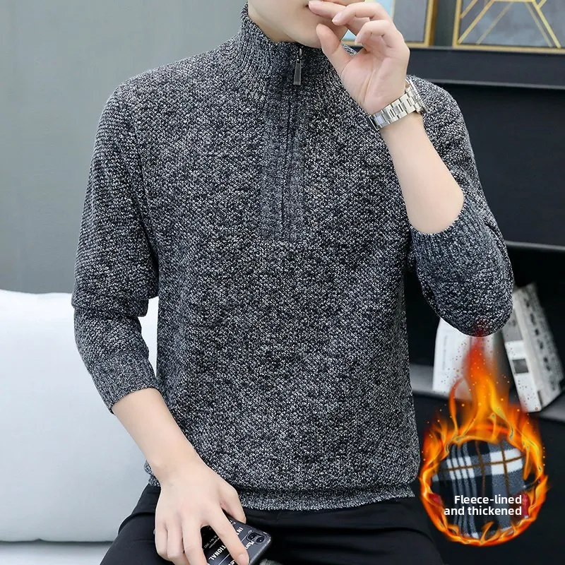 

Мужской повседневный вязаный свитер на флисовой подкладке с молнией, длинными рукавами, осенне-зимний, новый, универсальный, теплый, больших размеров