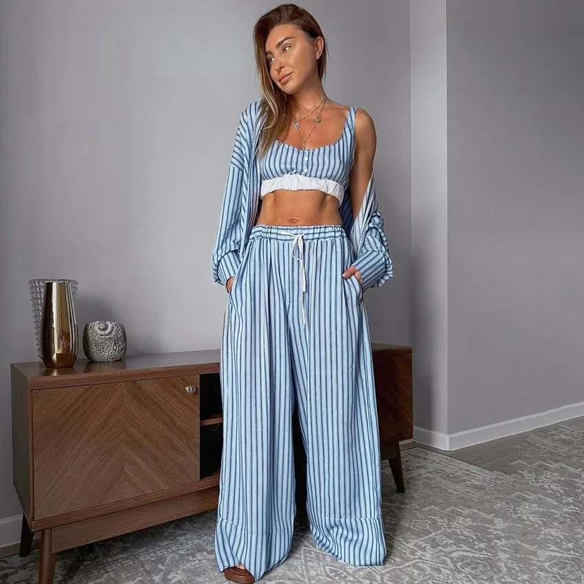 Women's Pajama Striped Loungewear Set Long Sleeve Wide Leg Sleepwear Set Crop Top Drawstring Homewear Set Three Piece Button view 5