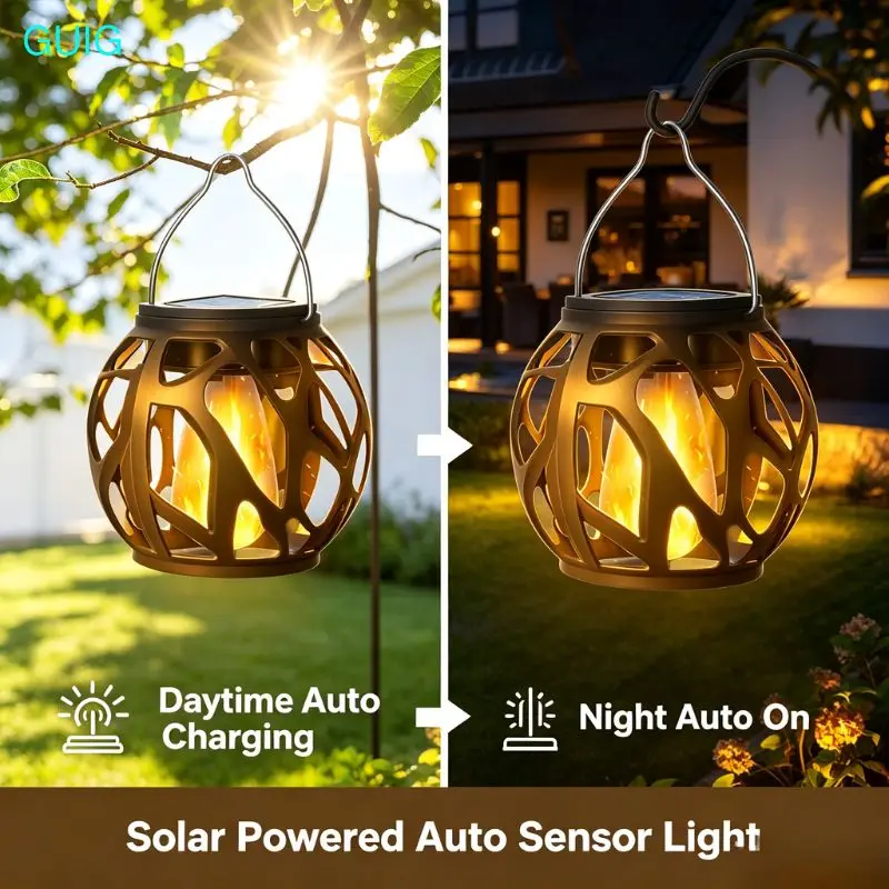 1/2/4 Pack Solar Hanging Flame Lantern IP65 Waterproof Outdoor Solar Light Auto On/Off Hollow Decor Lamp for Garden Patio Tree