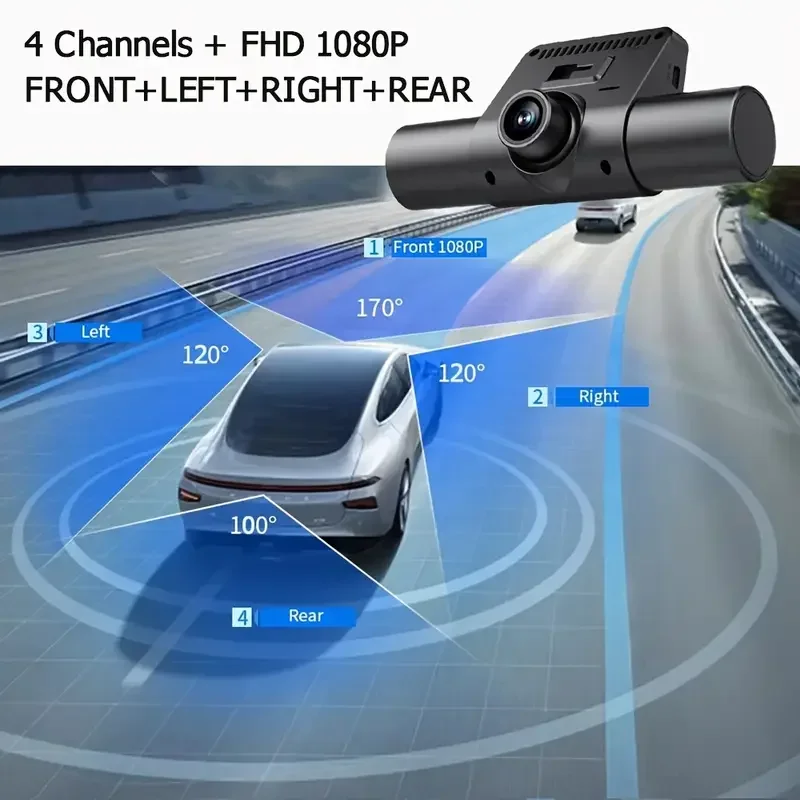 Car Dash Cam 4 Channel Black Box Driving Camera FHD 1080P Front Left Right Rear Night Vision Loop Recording 24H Parking Monitor