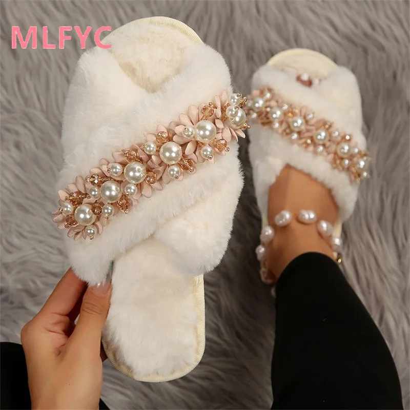 Fish Mouth Flat Bottom Mao Mao Tuo 2023 New Type One Line Pearl Flower Fashion Outwear Slippers for Women