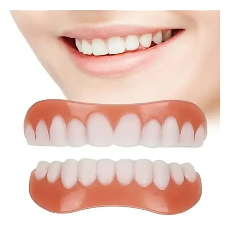 Fausses dents souriantes confortables avec remplissage, placage supérieur et inférieur, maquillage temporaire, colle de poulet