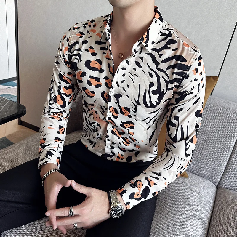 Autumn 3D Tiger Printed Shirt for Men Slim Fit Long Sleeve Casual Shirts Fashion Streetwear Social Party Tuxedo Blouse 6XL