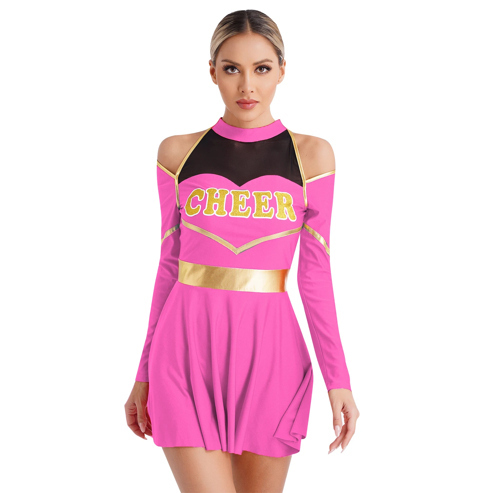 Women Cheerleading Dance Performance Costume Long Sleeve Print Dress Schoolgirl Cheer Uniform for Basketball Match Halloween