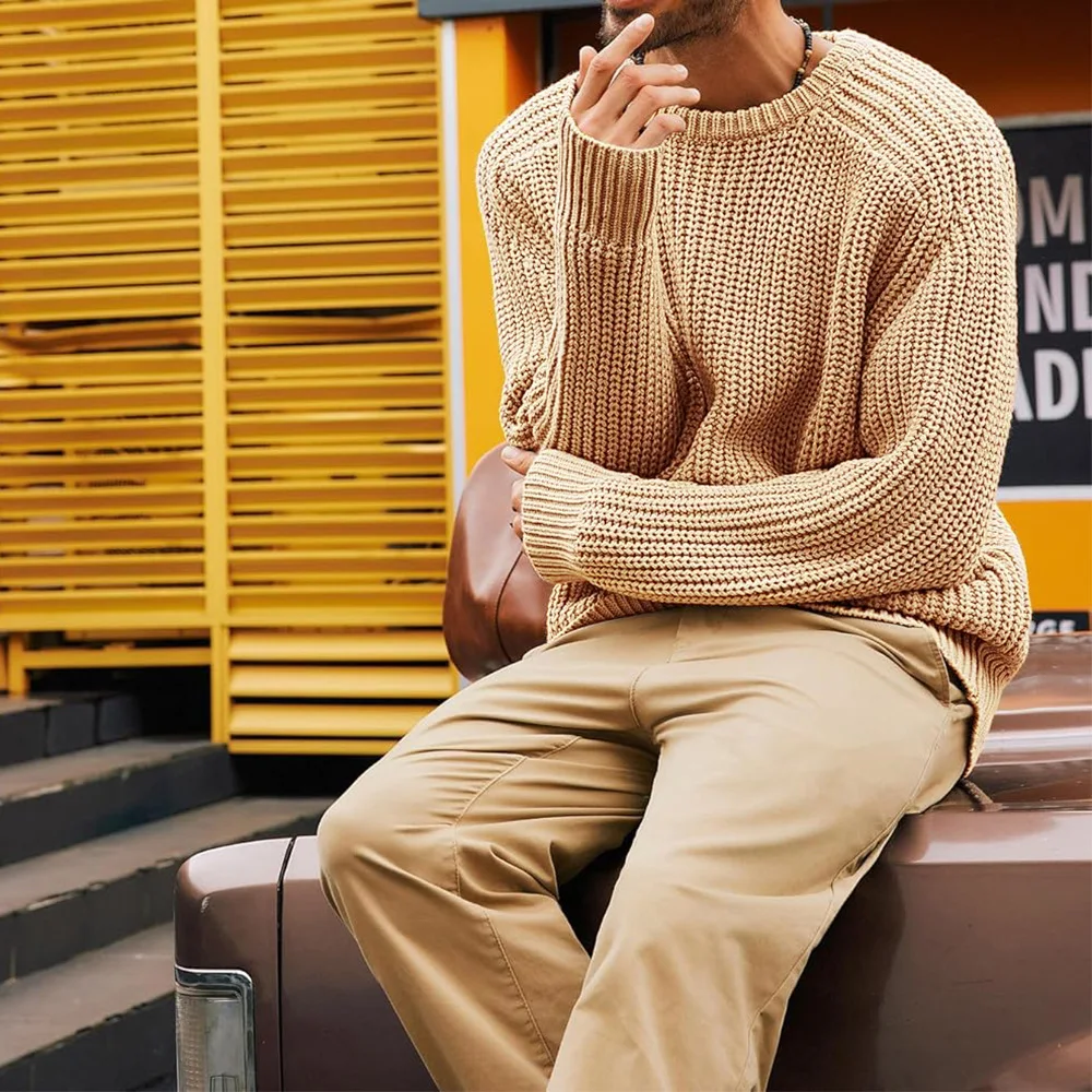 

Men Round Neck Pullovers Vintage Solid Long Sleeve Jumpers Knit Sweater Loose Casual Basics Sweaters Autumn Winter 2025