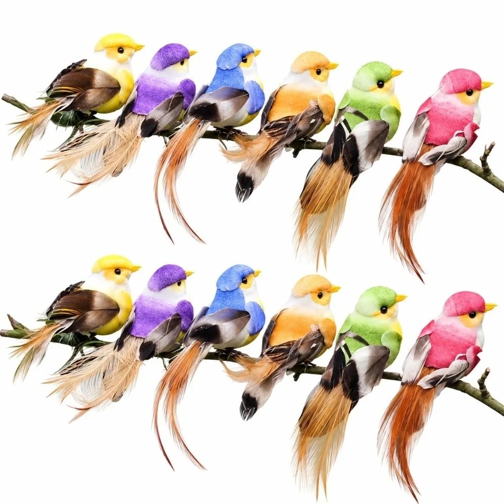 12Pcs 4Inch Artificial Birds Multicolor Foam Feather Material Fake Birds Hummingbird Birdie Feather Birds Christmas Party