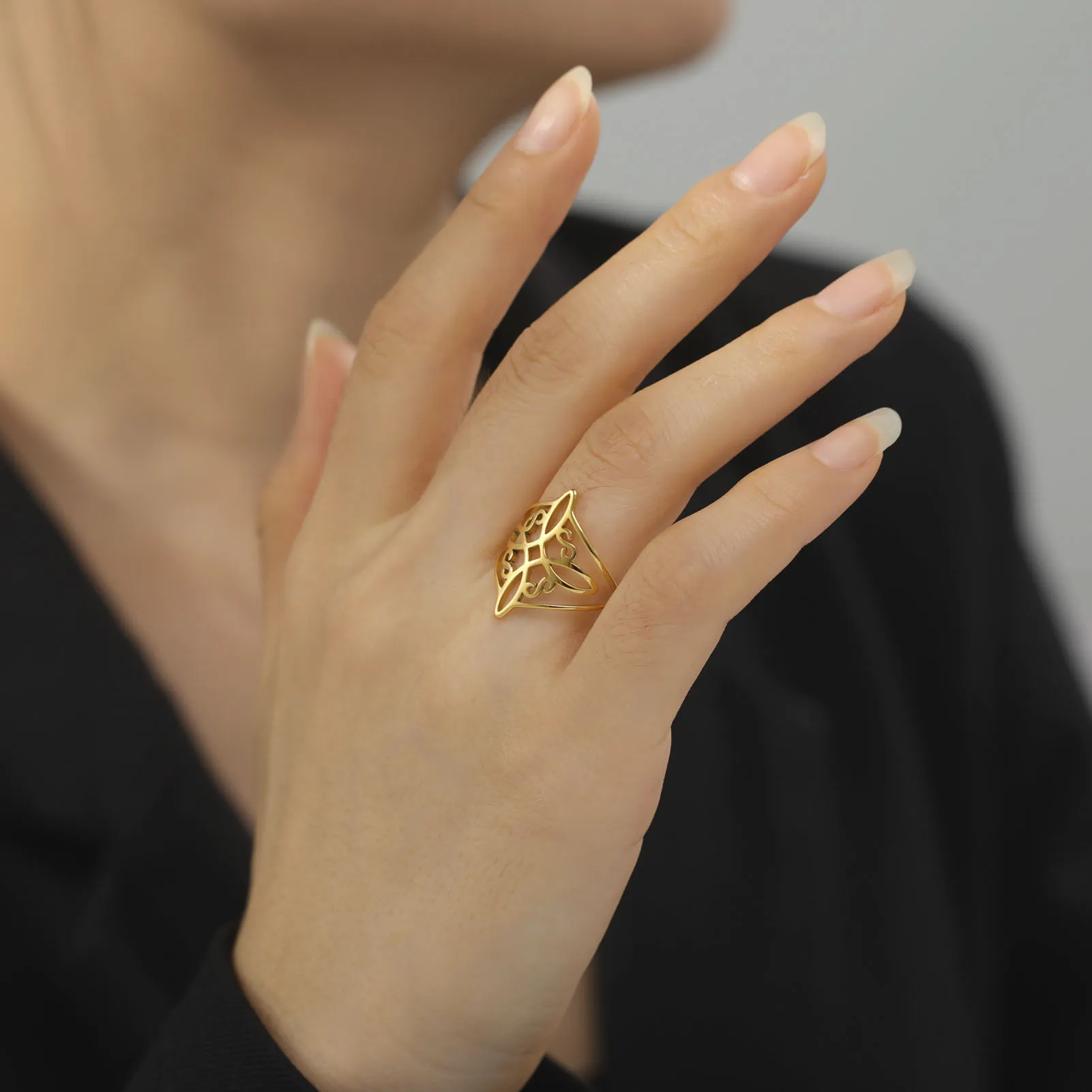 Skyrim Hexenknoten-Ring Edelstahl Goldfarben Hexerei-Amulett Schutz-Fingerringe Wicca-Kreuz Keltischer Knoten Schmuck – Detail 6
