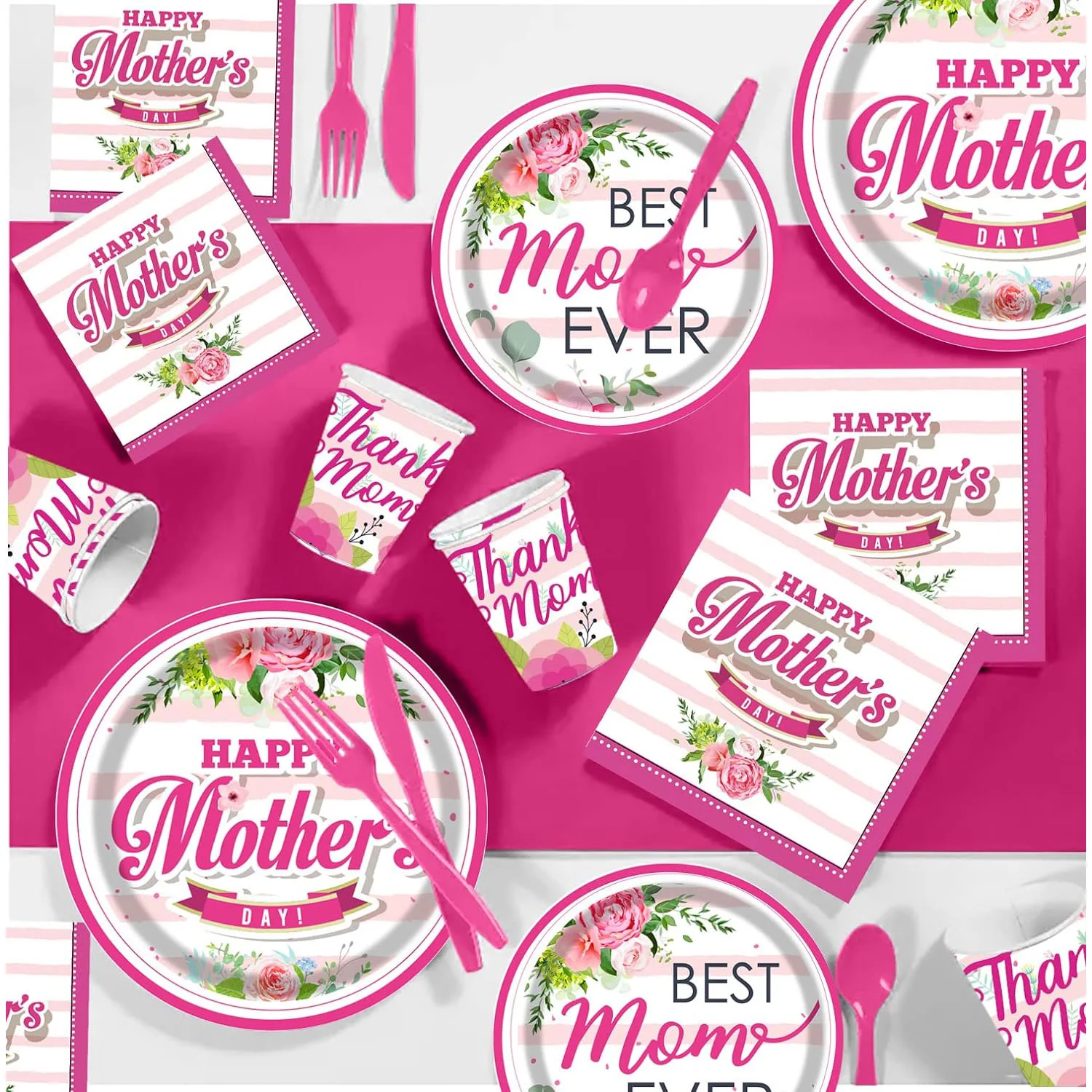 177pcs Happy Mother's Day Party Supplies Tableware Set - 25 Set Floral Flowers Disposable Dinnerware Tablecloth - Paper Plates N