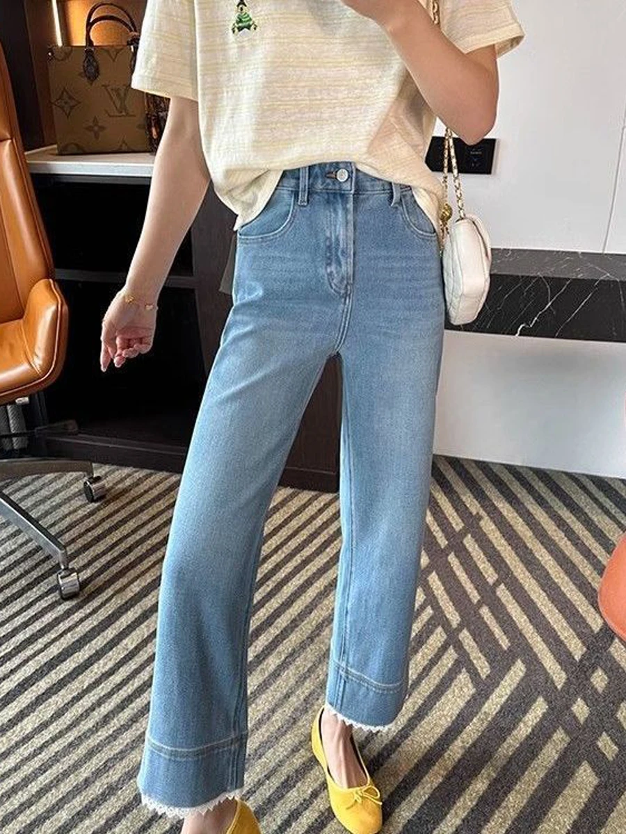 

Синие кружевные лоскутные женские джинсы, элегантные облегающие прямые брюки с высокой талией, повседневные женские джинсовые брюки в корейском стиле