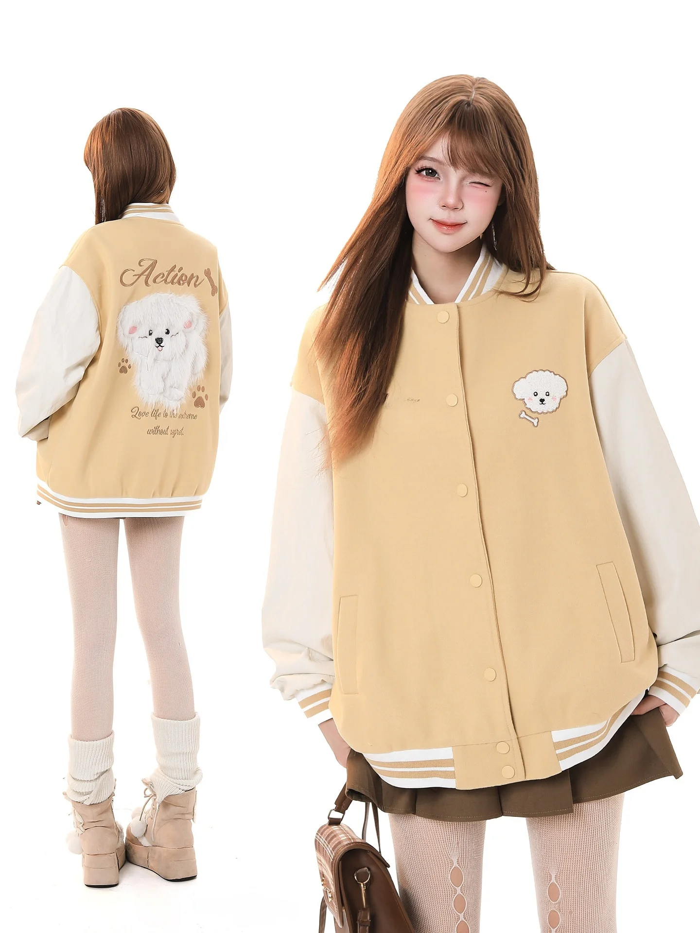 

Cute Cartoon Dog Color Blo Baseball Jaet Women's Loose Casual Outerwear Autumn Winter New Sle round Ne Button Closure