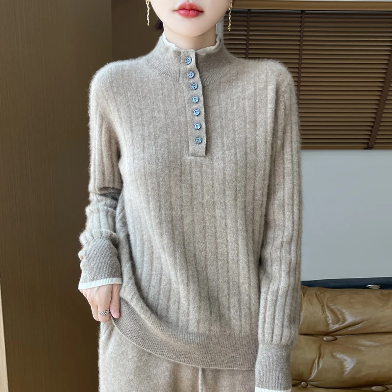 2025 Высокое качество, женский осенне-зимний повседневный пуловер с воротником-стойкой, кашемировый свитер, трикотаж из 100% мериносовой шерсти, одежда, топы