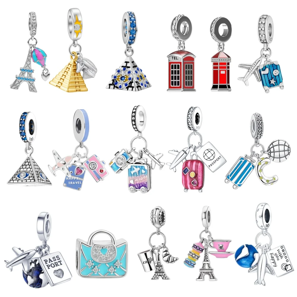 Nouveauté 2026 Breloques et accessoires de bijoux en argent sterling 925 : pendentifs originaux Planète, Montgolfière, Tour, Bagage, Perles DIY pour bracelet
