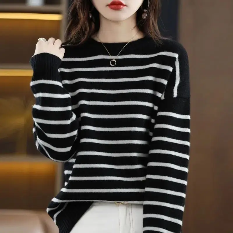 T-Shirts Thin Pullovers Striped Women\'s Clothing Loose Autumn Winterr Popularity Simple Casual Comfortable Round Neck Bottoming