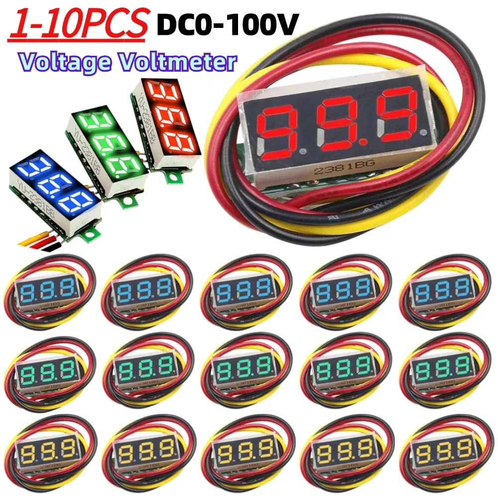 1-10Pcs 3 Wires Digital Voltmeter Mini DC 0-100V Voltmeter Voltage Tester Panel Meter Red/Blue/Green/Yellow For Motorcycle Car