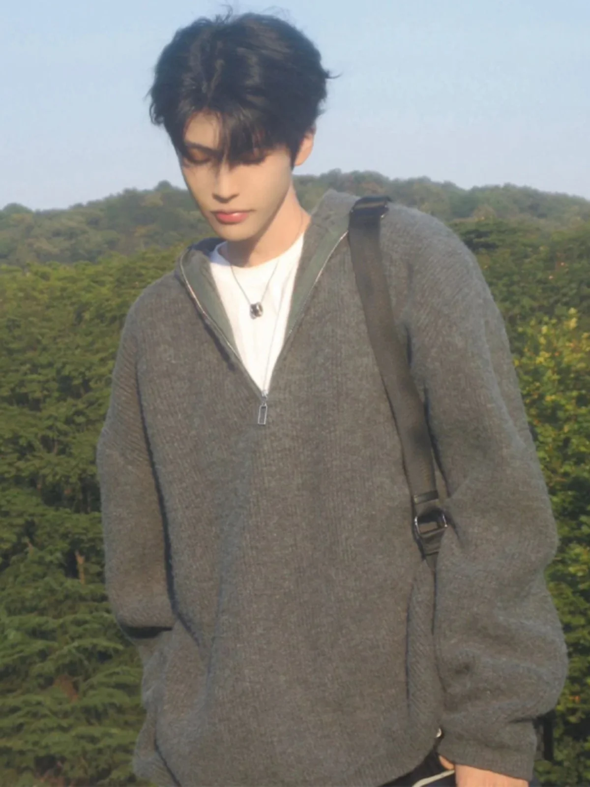 

Deep ey f Zip Hoodie Men's Lazy Sle High End American Retro Knitted Sweater Cleanfit Jaet Loose Fit oulder Width