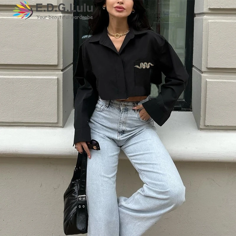 

EDGLuLu модная повседневная уличная черная короткая рубашка для женщин с отложным воротником и длинными рукавами, короткая рубашка, топ, осень 2024, новинка 0723