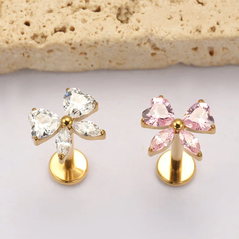 ASTM F136 TItanium Heart CZ Bow Labret Studs Lip Piercing Ear Tragus Helix Conch Lobe Earrings Medusa Ring Cartilage Monroe