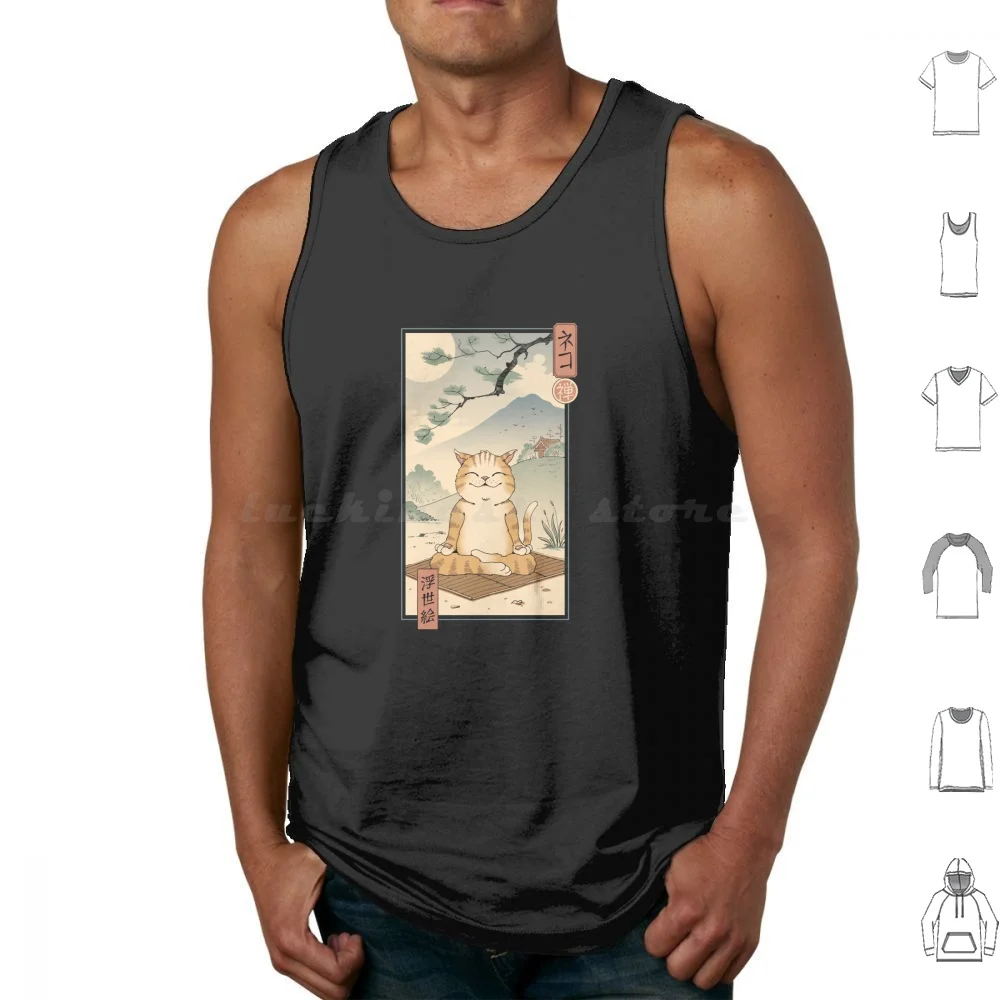 Zen Neko Tank Tops Vest Sleeveless Cat Cats Zen Animal Animals Ukiyo E Meditation Japanese Japan Anime Retro Feline Felines