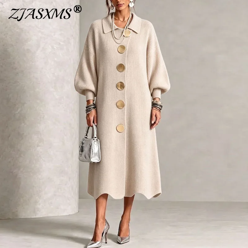 Strick-Maxikleid mit Knopfleiste vorne, Reverskragen, Puffärmeln, lockerer Schnitt, langes Strickkleid, Herbst-Winter-Freizeitkleid für Damen