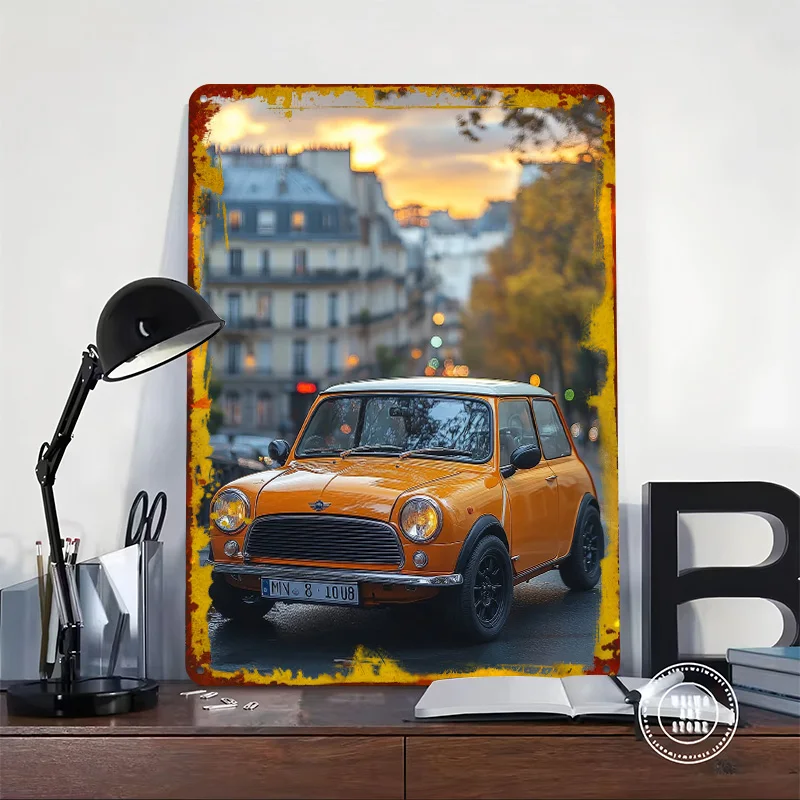 Classic UK Car Cooper in Paris Tin Poster Customized Wall Art Retro Vintage Metal Signs for Fans Room Bedroom Decoration Gaming