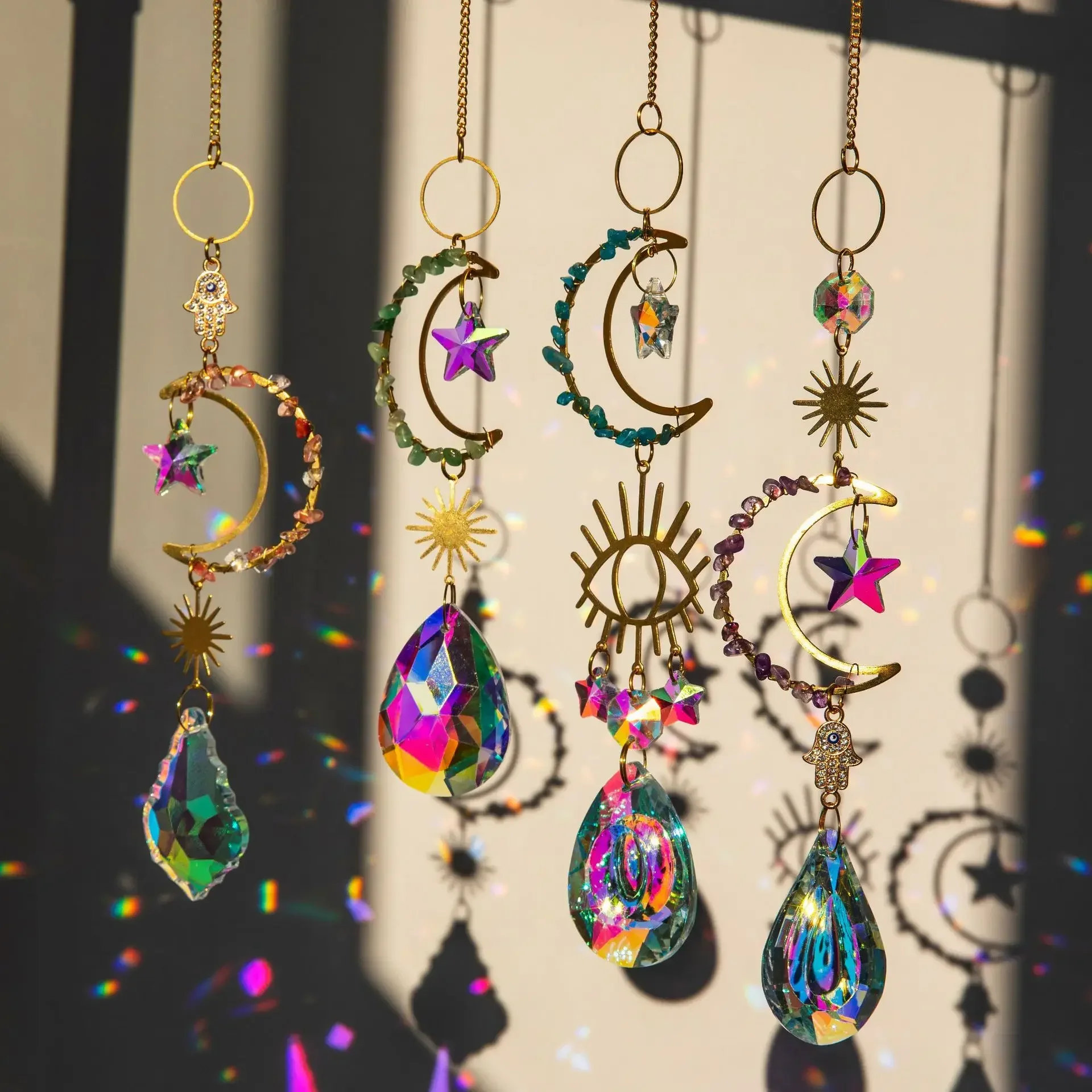 

Celestial Sun Catcher Prism Window Crystal Decor Chime Moon Dream Catcher Natural Stone Wind Bells Hanging Garden Decoration