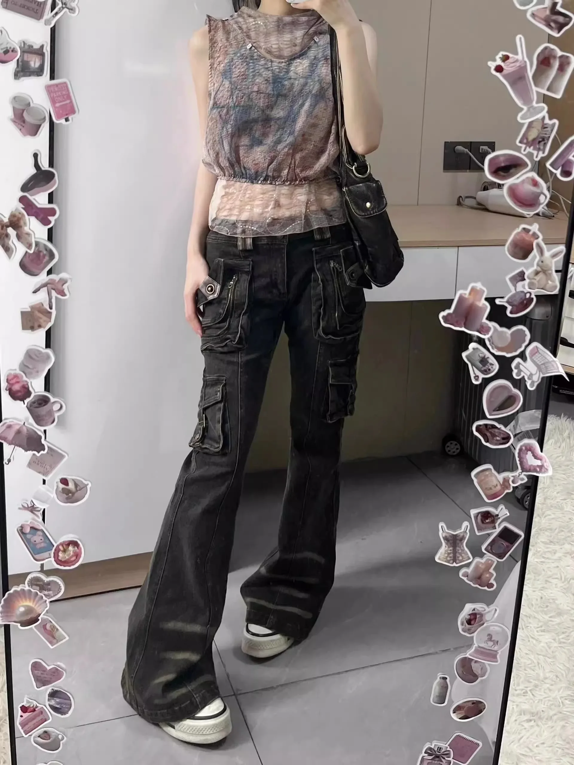 

Женская уличная одежда, мешковатые джинсы в американском стиле ретро Y2K, винтажные эстетические джинсовые брюки в стиле Харадзюку 2000-х годов, брюки-карго с несколькими карманами